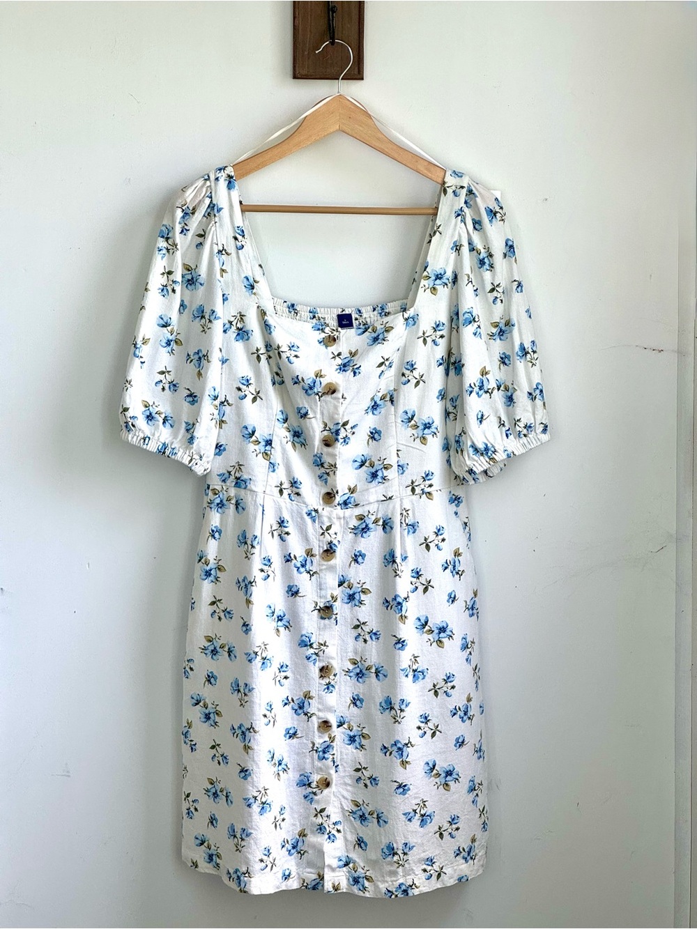 Old Navy Linen Blend Blue Floral Mini Dress L Tall Cottagecore Puff Sleeve
